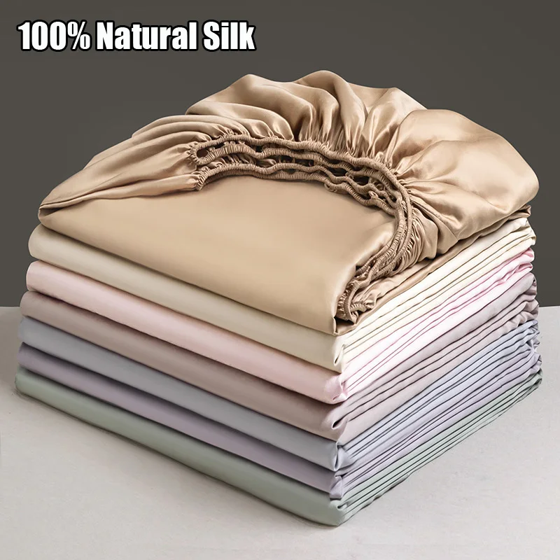 Mulberry Silk Fitted Bed Sheet with Elastic Bands Luxury Mattress Cover Single Double Queen  King Size Bed Cover 100/160/200/220
