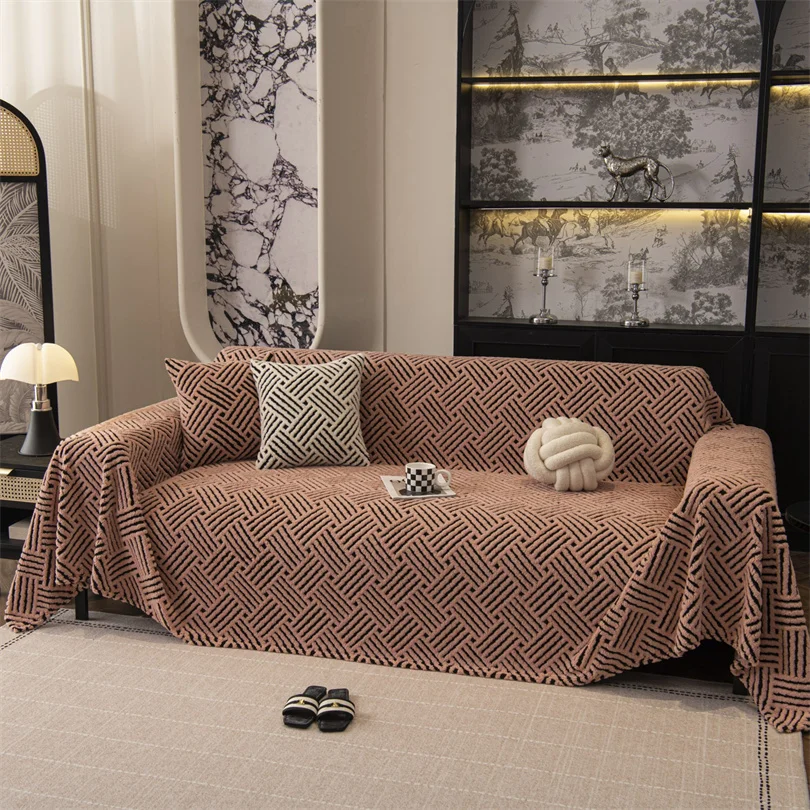 Fleece Plush Sofa Cover Cloth Thickne Anti-Slip Sofa Towel Geometric Style Couch Seat Cushion Cover Full Coverage Velvet Blanket