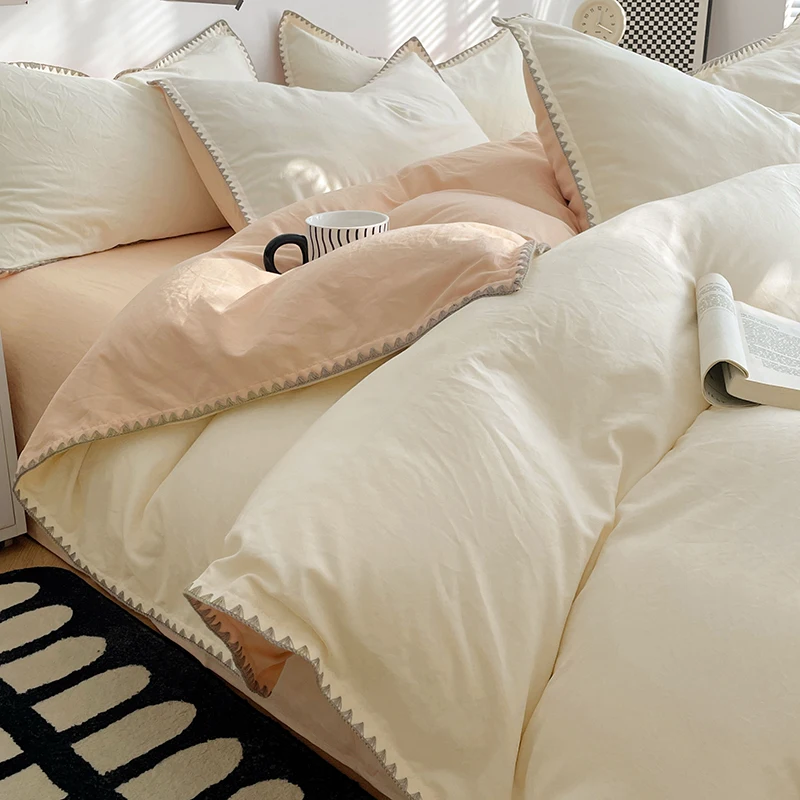 Simple Washed Cotton Bed Linen Bedding Set Four Piece Flat/Fitted Bed Sheet Set Comforter Set Full Double Couple Bed Quilt Cover