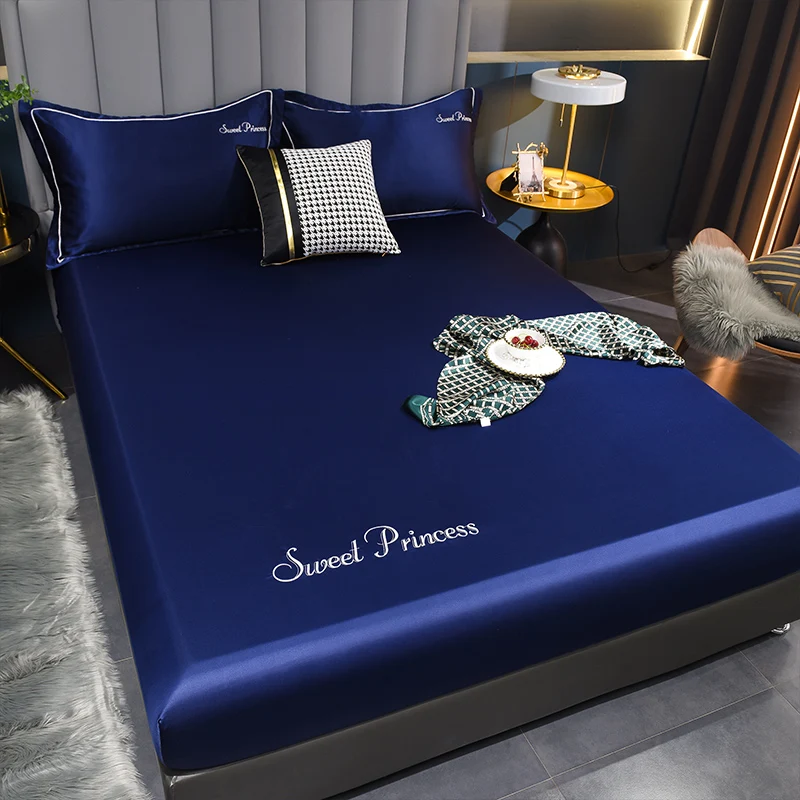 WASART Luxury Summer Satin Rayon Solid Embroidery Fitted Sheet Elastic Mattress Protector for Couples Bedding Cooling Bed Cover