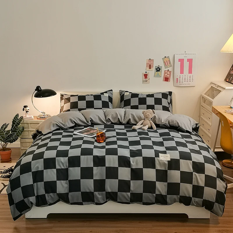 Pure Cotton Home Textile Plaid Style Bedding Set Simple Soft Duvet Cover Sheet Pillowcases Ins Style Bed Linens Queen King Size