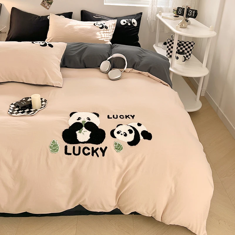 Embroidered Panda Duvet Cover Set 100% Cotton Bedding Set Flat/Fitted Sheet Quilt Cover Pillowcase Single Double Queen Size Ins