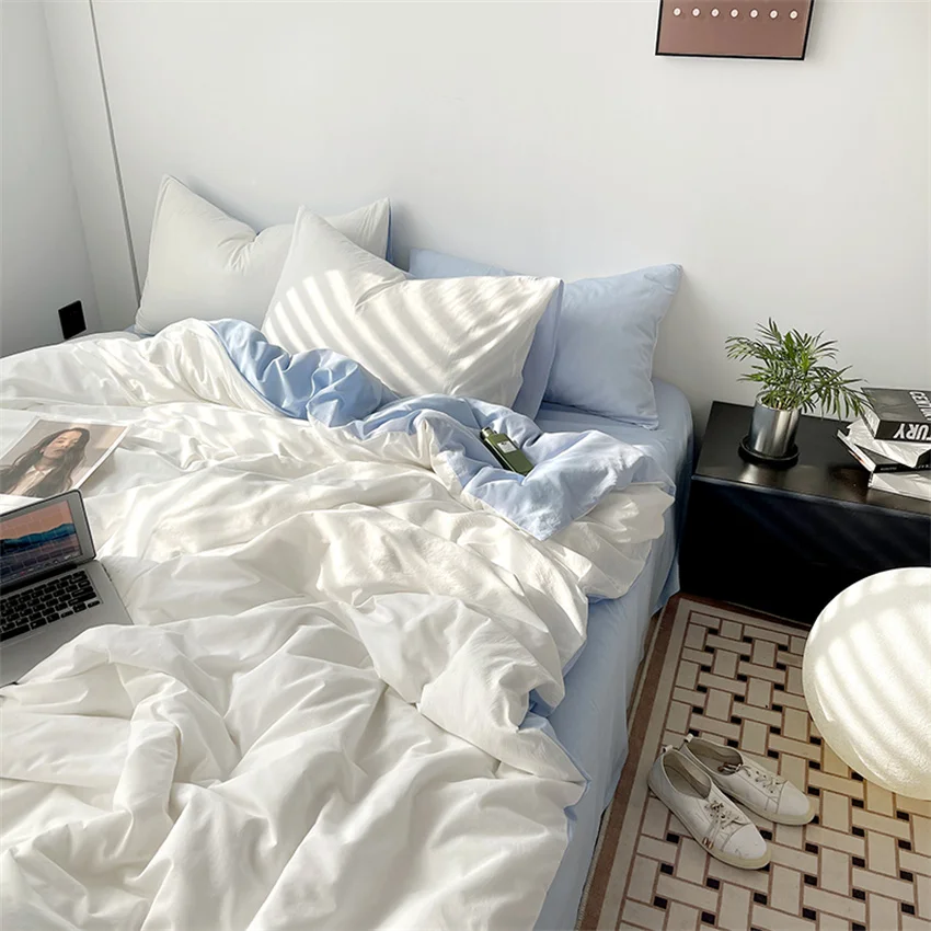 Ins Style Bedding Set Washed Cotton Duvet Cover Pillowcase Solid Color Soft Comforer Quilt Cover Bedspreads Bed Linen Flat Sheet