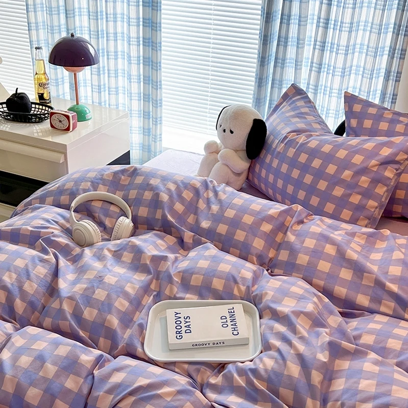 100% Cotton Soft Bedding Set Plaid Pattern Duvet Cover with Pillow Case Flatsheet Bedclothes Bedspread Pillowcases Comforter Set