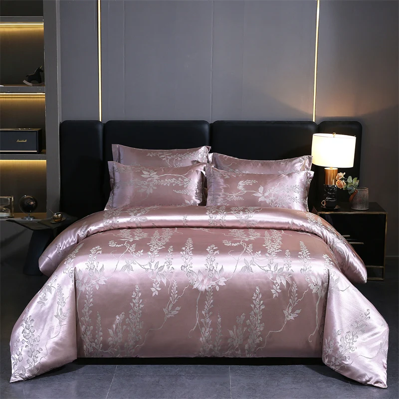 WASART Summer Satin Rayon Jacquard Duvet Cover Set 4pc Elegant Floral Luxury Bedding for Couple King Size 220x240 Cooling Fabric