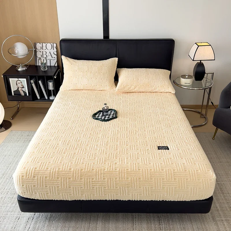 WASART Fluffy coral fleece fitted sheet elastic mattress cover warm plush bed linen couple luxury double bed bedding king size