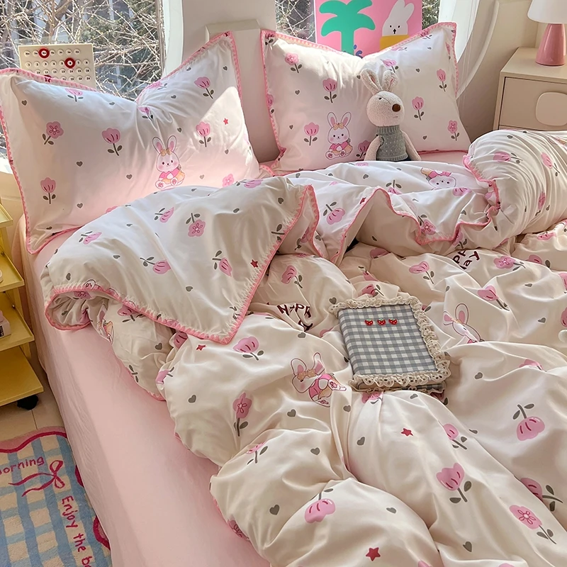 Washed Cotton Bed Linen Bedding Set Comforter Cover Pillowcase Flat/Fitted Sheet Comforter Set Single Double Bed Quilt Cover Ins