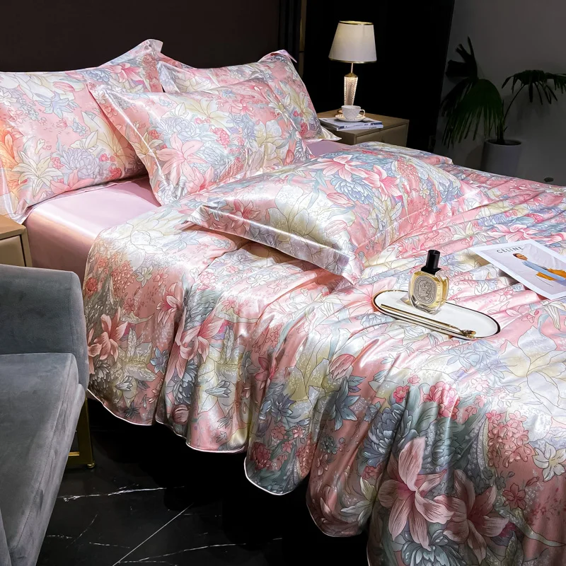 Home Silk Duvet Cover Set with Bed Sheet Pillowcase 4 Piece Natural Silk Bedding Sets Soft Smooth Comforter Covers with Zipper