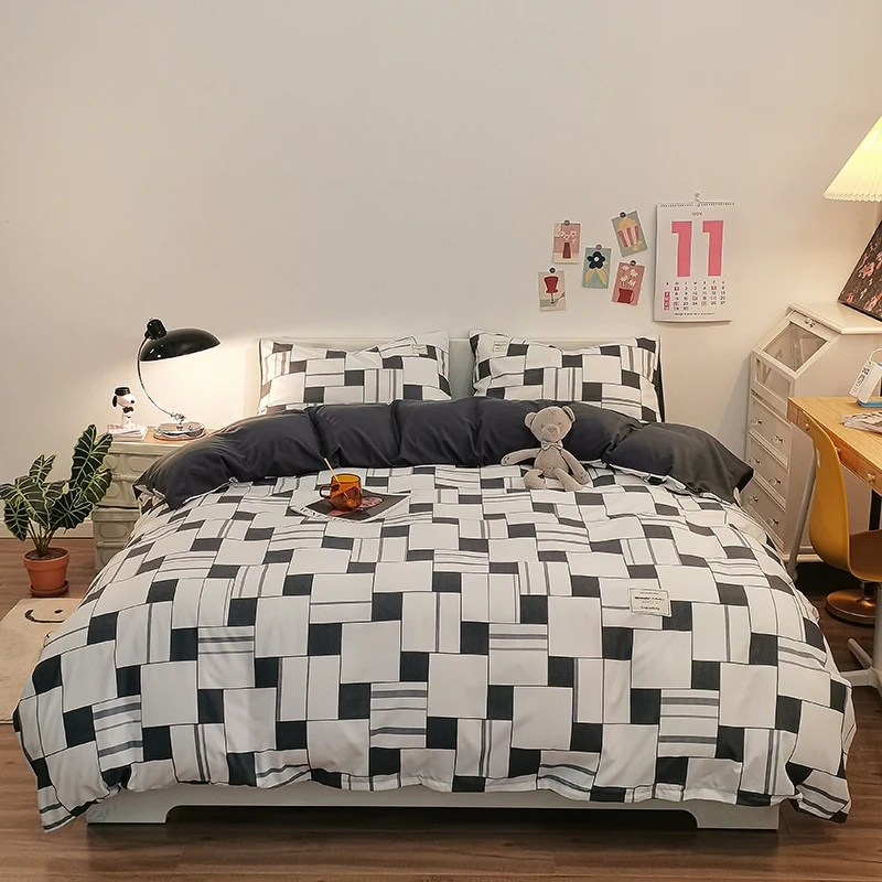 Pure Cotton Home Textile Plaid Style Bedding Set Simple Soft Duvet Cover Sheet Pillowcases Ins Style Bed Linens Queen King Size