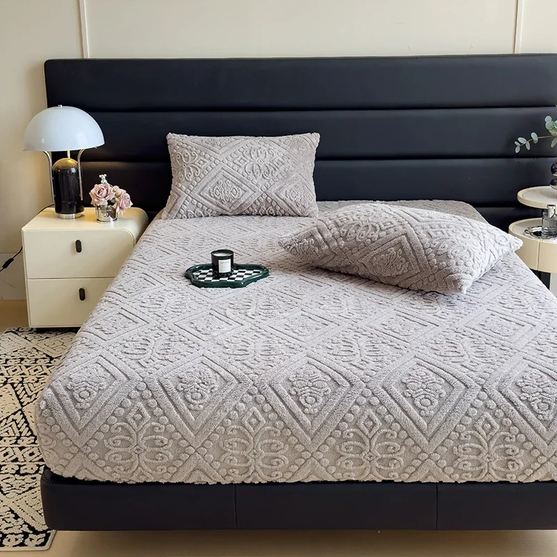 WASART Fluffy coral fleece fitted sheet elastic mattress protector cover winter warm plush bed linen luxury double bed bedding