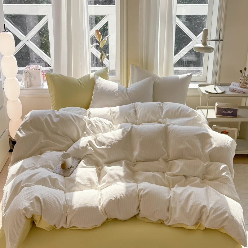 Simple Striped Washed Cotton Duvet Cover Set 3/4 Pieces Bedding Set with Quilt Cover Bed Sheet Sets Pillowcase Soft Breathable
