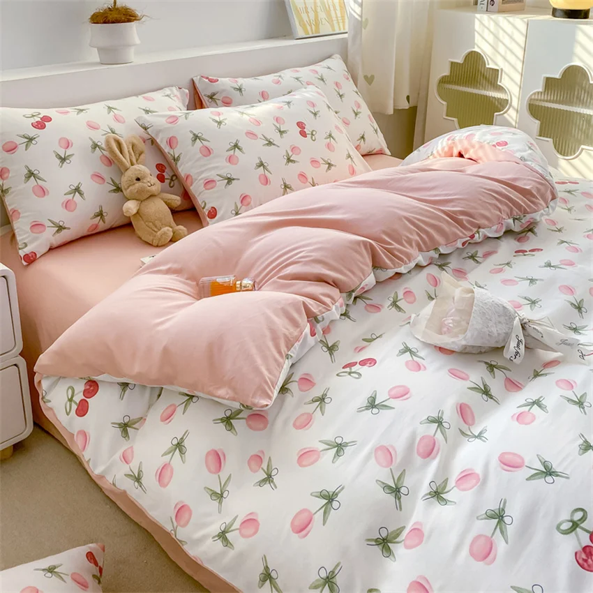 Korean Retro Floral Bedding Set 100% Washed Cotton Bed Sheets Set Soft Duvet Cover Bed Linen Pillowcase Single Double Queen King