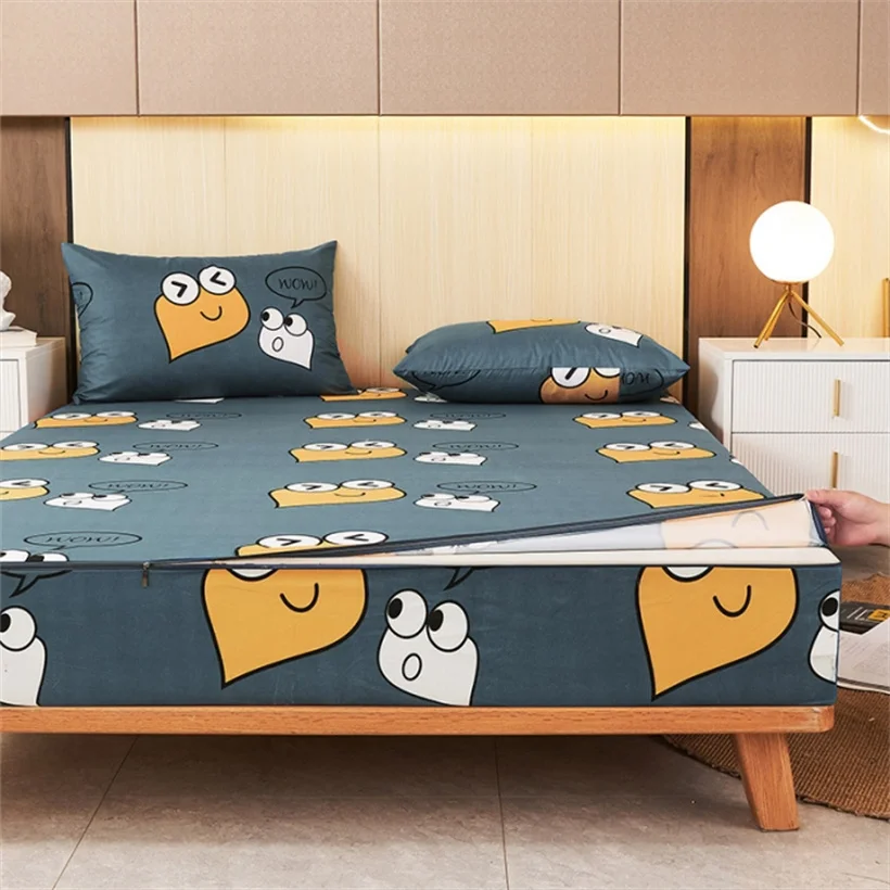 Fitted Sheet Waterproof Six-Sided With Zipper Mattress Cover Cartoon Printed Bed Cover Deep Pocket for 10/15/20/25cm Bedspreads