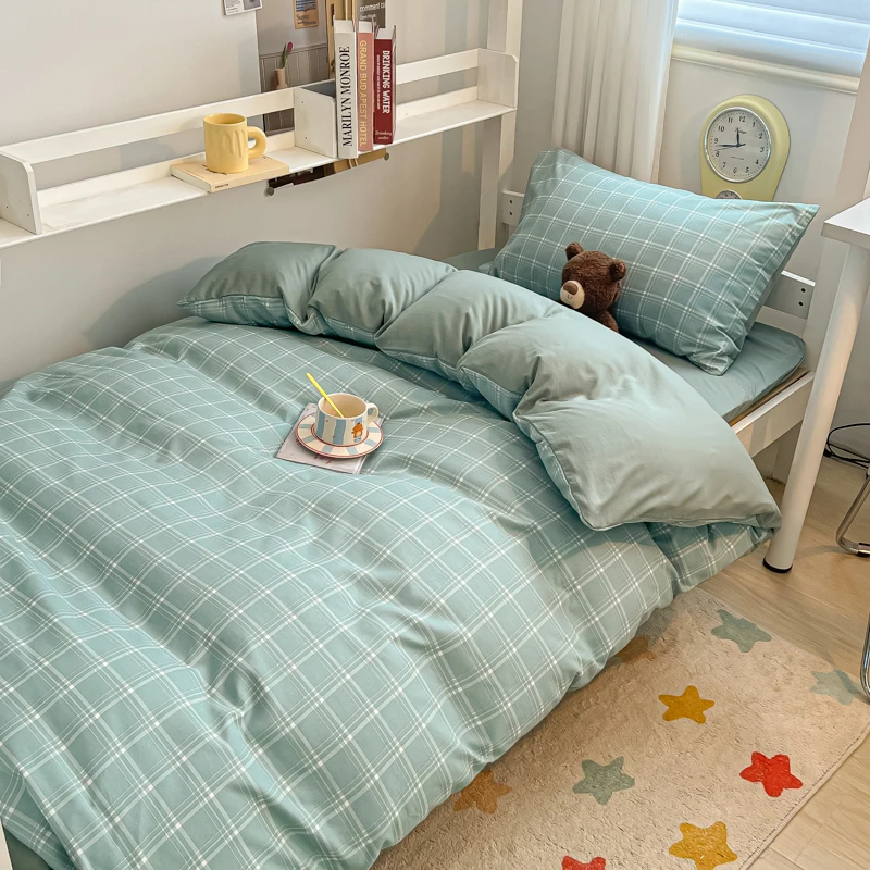 Washed Cotton Duvet Cover Set Quilt Set Ins Nordic Minimalist Style Plaid Bed Set Home Textile Students Bedding Set Bed Sheets