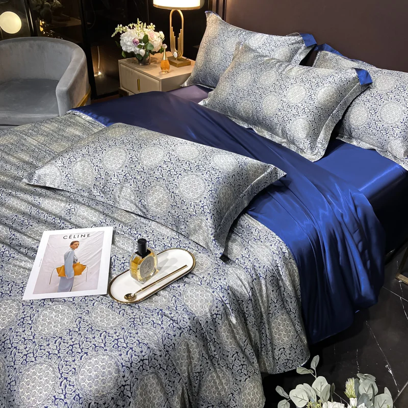 Luxury Floral Silk Bedding Set with Duvet Cover Fitted & Flat Bed Sheet Pillowcase Silky Smooth Bed Sheet Sets Twin Full Queen