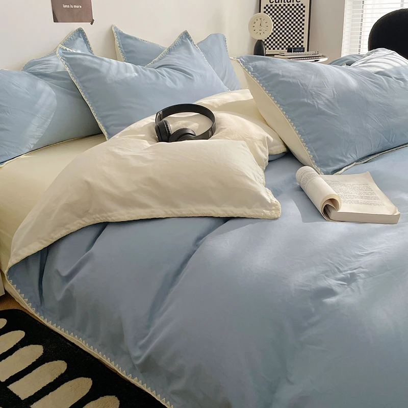 Simple Washed Cotton Bed Linen Bedding Set Four Piece Flat/Fitted Bed Sheet Set Comforter Set Full Double Couple Bed Quilt Cover