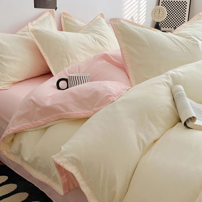 Simple Washed Cotton Bed Linen Bedding Set Four Piece Flat/Fitted Bed Sheet Set Comforter Set Full Double Couple Bed Quilt Cover